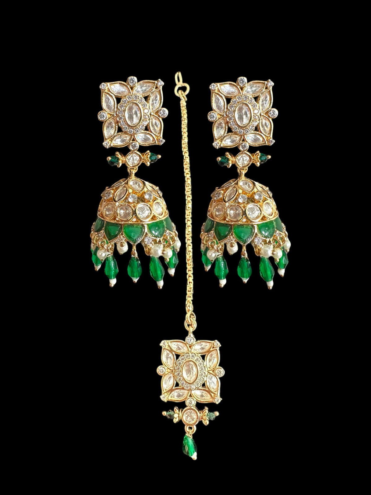 DJET69 Kaheesha Polki jhumka and tika set in green ( READY TO SHIP )