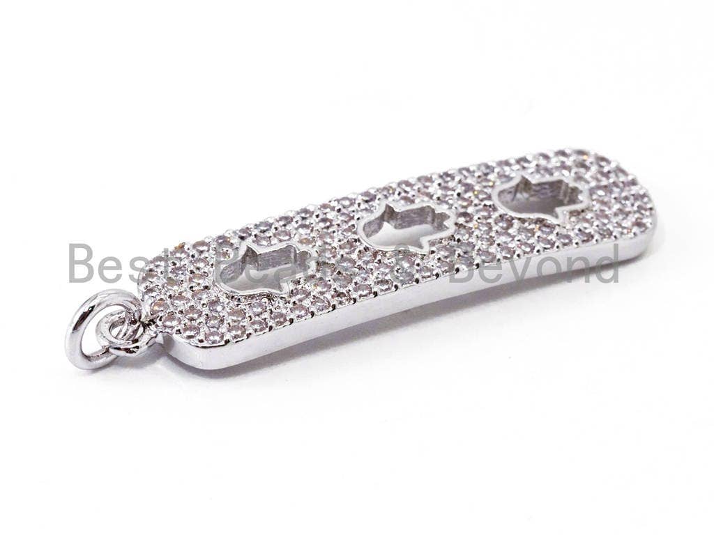 CZ Micro Pave Rectangle Pendant/Charm with 3 little Hollow Hamsa Hand, Cubic Zirconia Pave Bar Pendant, 8x34mm, sku#F203