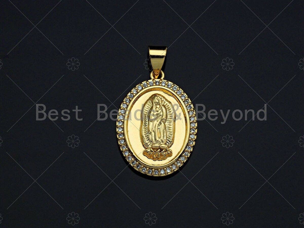 18K Gold Virgin Mary On Oval Emblem Shape Pendant, Oval Charm, Virgin Mary Pave Pendant, Dainty Gold Charm,21x15mm, Sku#F1154