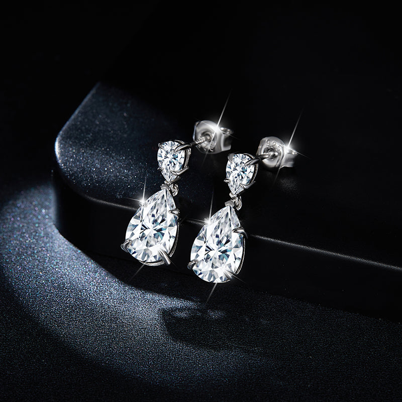 S925 Sterling Silver Pear Cut Moissanite Dangle Earrings  7x11mm Teardrop Double Stone Drop Earrings With GRA Platinum Plated Jewelry Gift Box Set