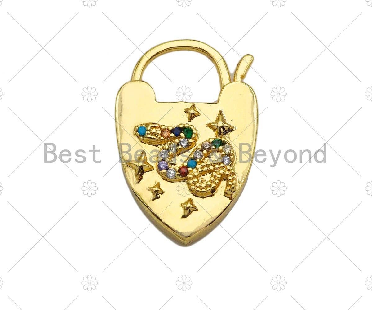 CZ Micro Pave Colorful Snake Padlock Heart Clasp Charms, Colorful Snake On Padlock Clasp, Padlock Necklace Charms, 17x25mm, Sku#K167