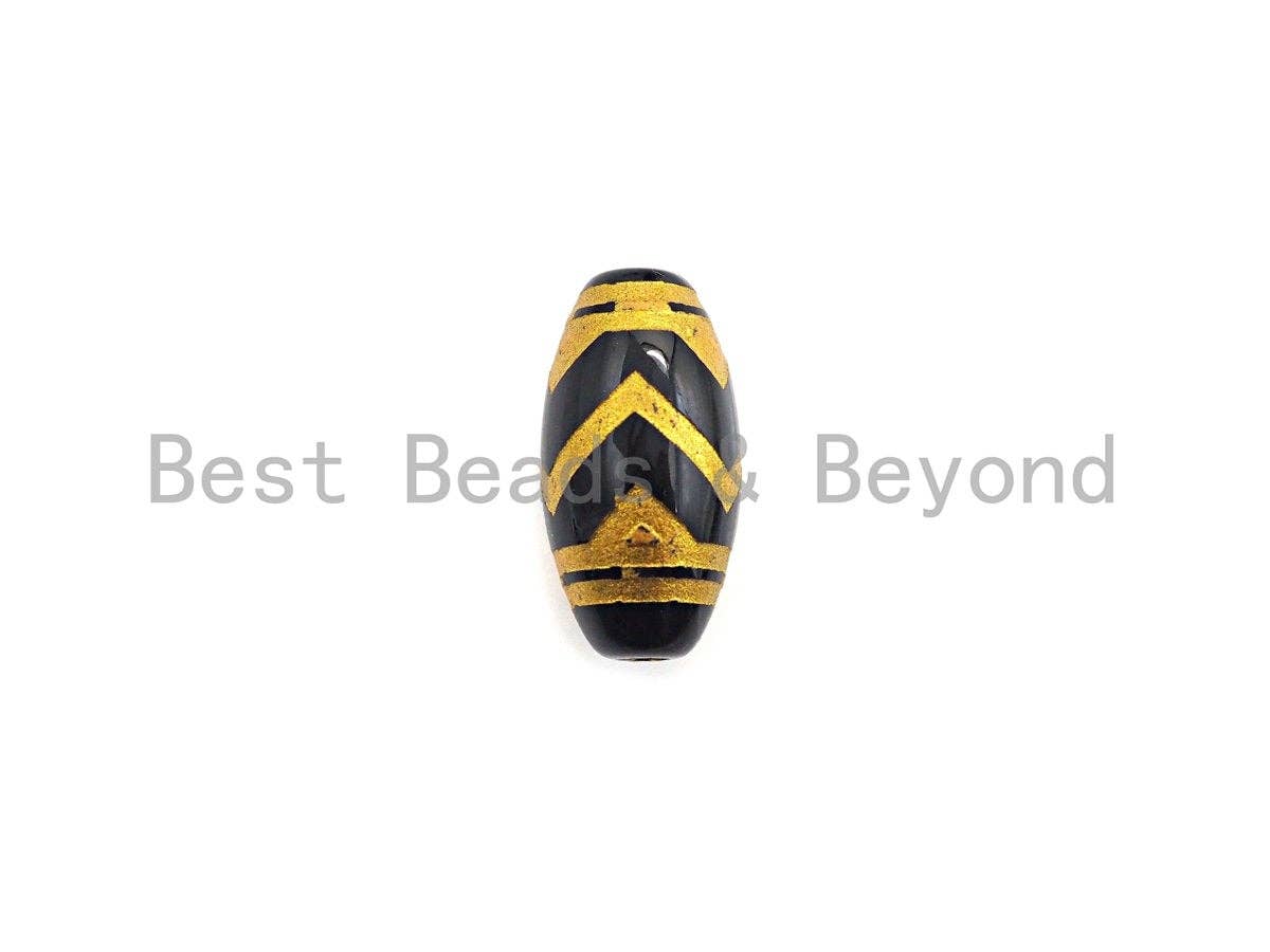 Natural Tibetan Agate Oval Shape Beads, Black Gold Dzi beads, Barrel Agate Beads, 10x20mm, sku#U592