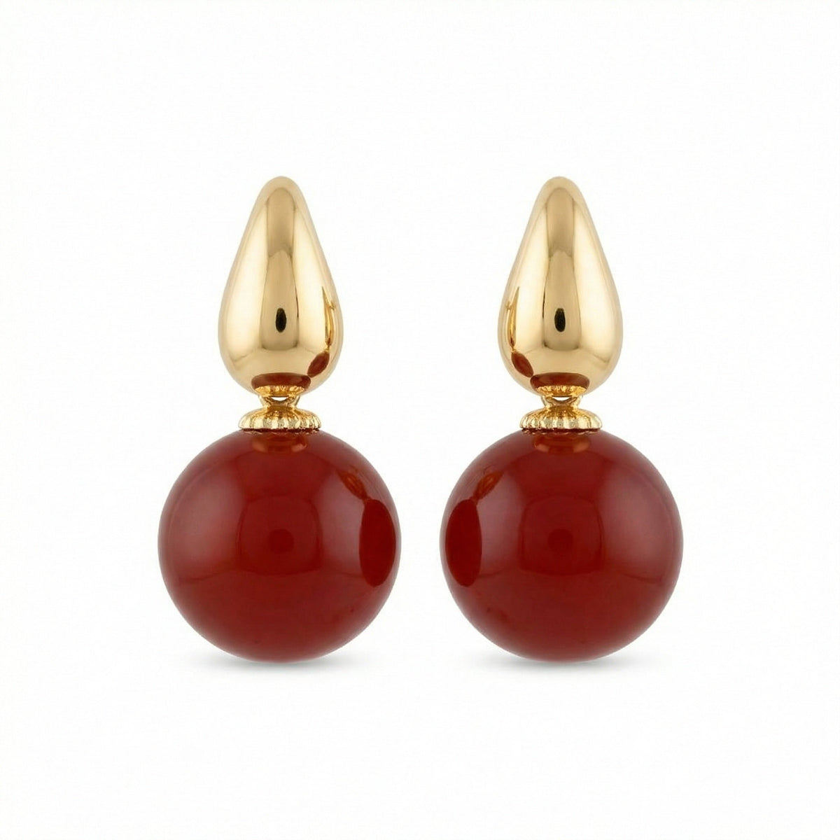 925 Sterling Silver Elegant Red Carnelian Sphere and Polished Metallic Teardrop Drop Earrings