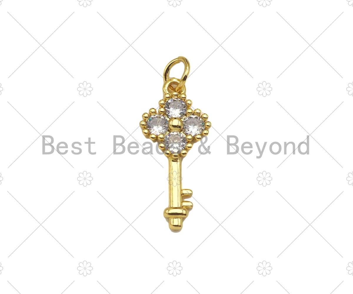 CZ Micro Pave Clover Key Shape Pendant,18K Dainty Gold Charm, Necklace Bracelet Charm Pendant,5x16mm,Sku#JL36