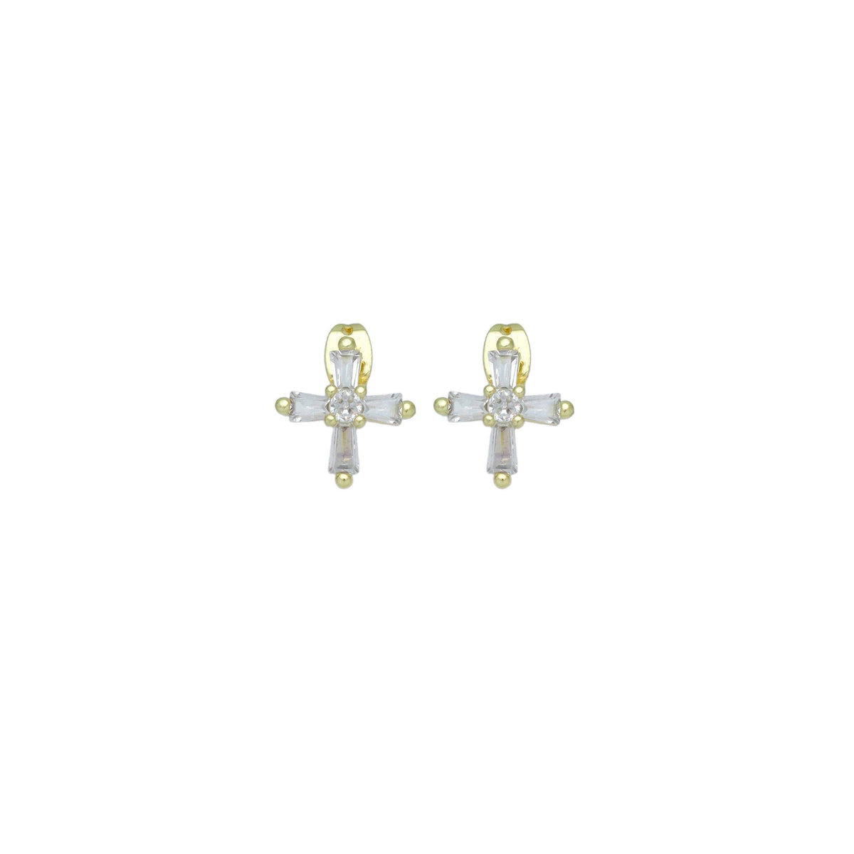 Baguette CZ Gold Cross Stud Earrings, Sku#LD656