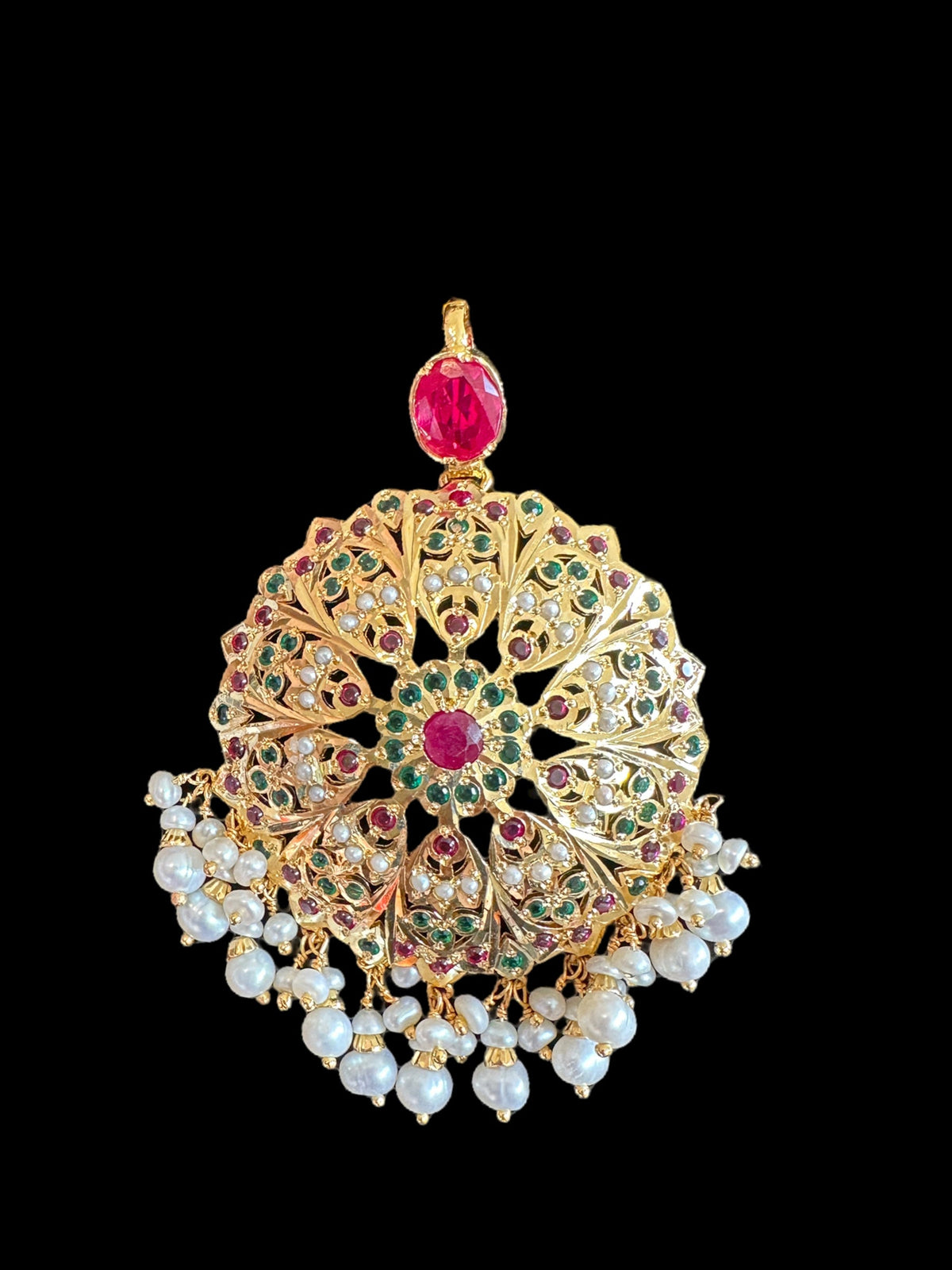 Ruby Emerald Freshwater Pearl Pendant Set in Gold-Plated Silver
 ( SHIPS IN 5 WEEKS  )