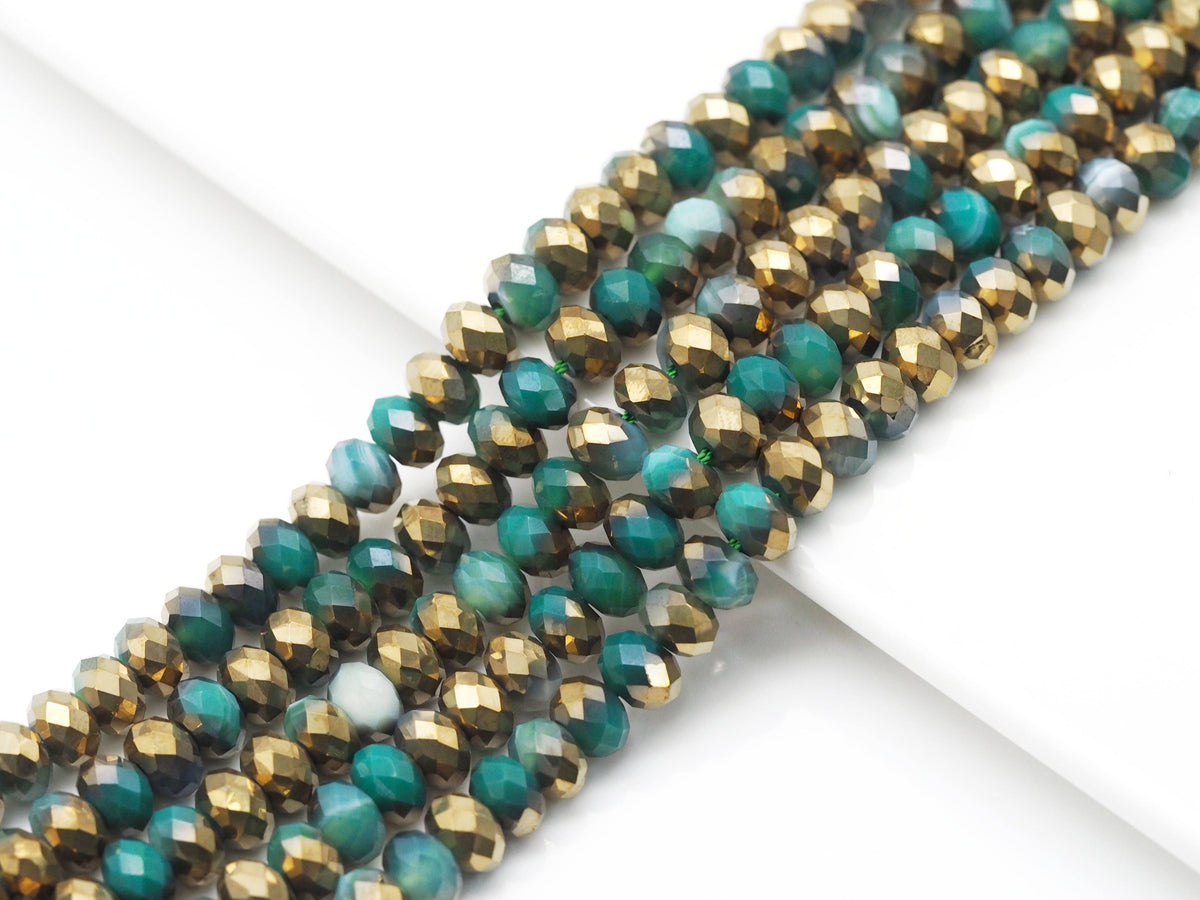 Half Gold Plated Natural Green Banded Agate Rondelle Faceted Beads, Sku#UA278