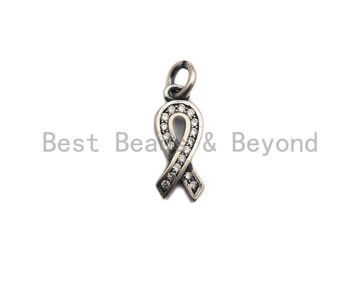 Rhidium CZ Micro Pave Breast Cancer Awareness Ribbon Charm, AIDS Care Cubic Zirconia Pendant Charm, Antique Silver Color, 6x16mm,sku#X117