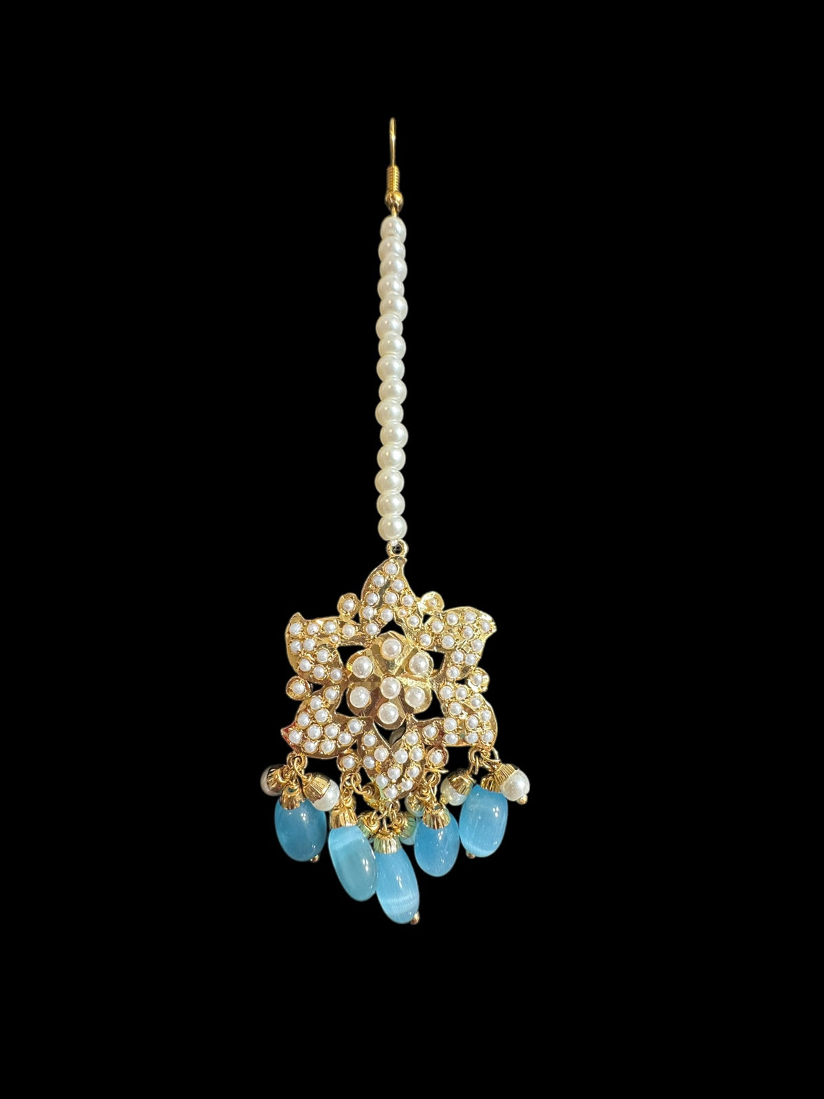 DJET65 Iza Jadau tops and tika set in pearls with turquoise blue beads ( READY TO SHIP )
