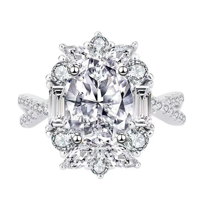 Luxury Design Oval Simulated Moissanite Engagement Ring, White Gold Plated Cluster Zircon Ring For Women, Wholesale