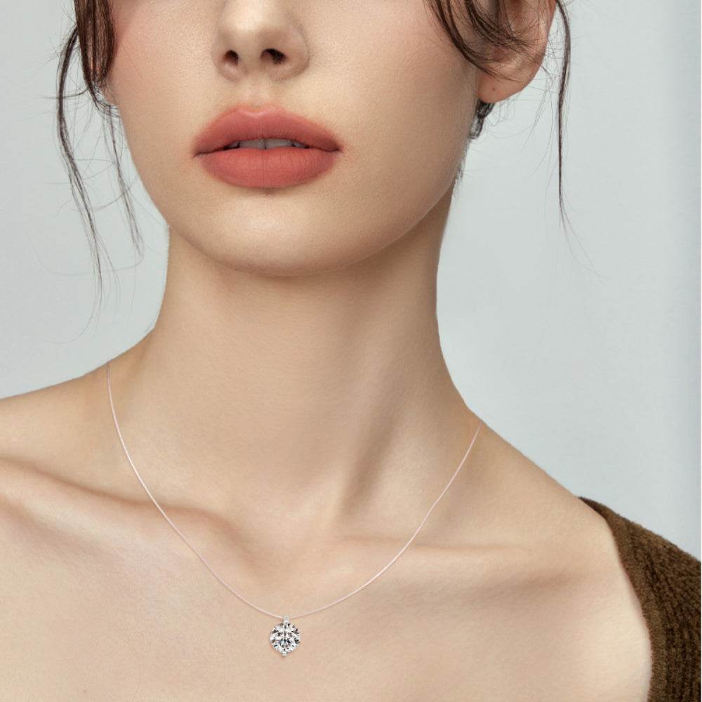 Sterling Silver Moissanite Pendant Necklace – Invisible Floating Dainty Choker, Adjustable 15.7in + 2in (0.5–3ct), Mermaid Tear Design