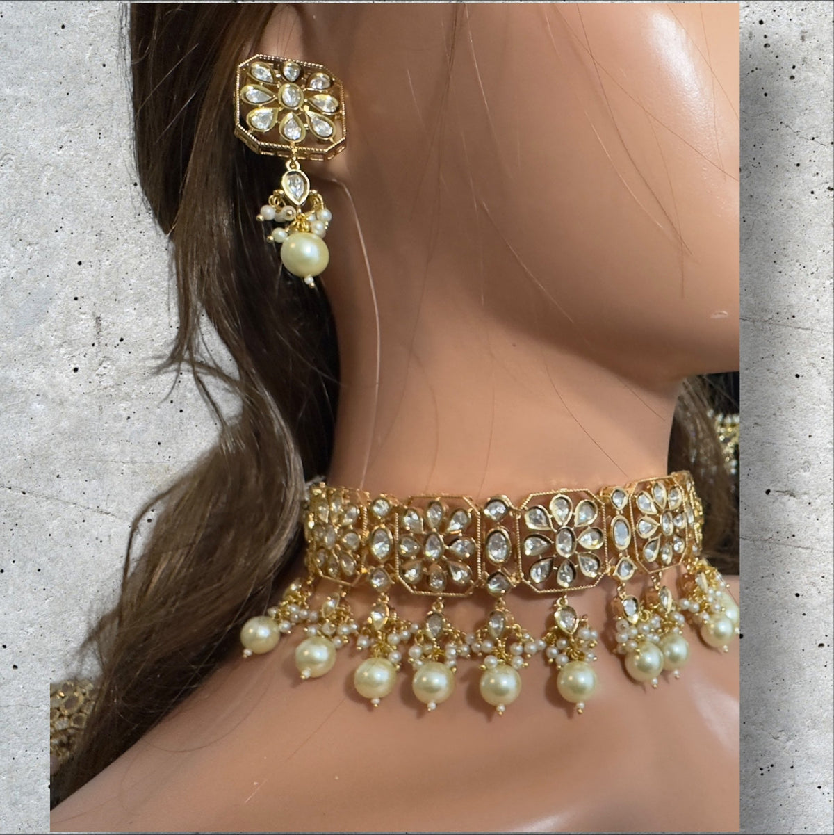 C549 vanya polki choker with earrings in golden pearls ( READY TO SHIP )