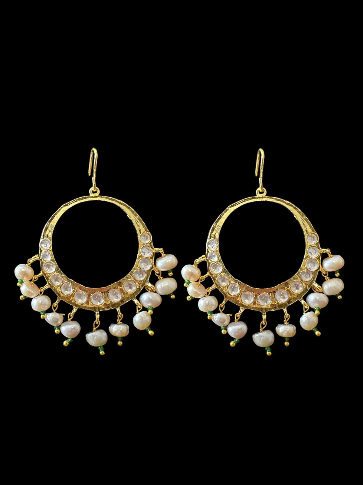 DER720 Afia gold plated moissanite Polki chandbali with fresh water pearls (SHIPS IN 3 WEEKS )