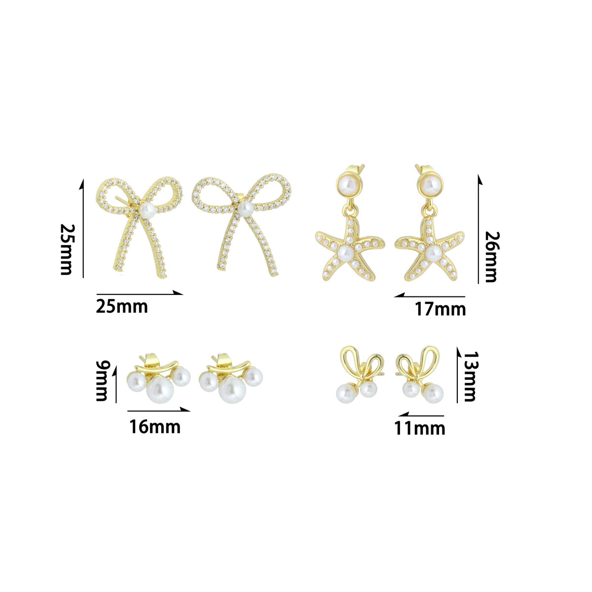 White Pearl Gold Bowknot Star Fish Stud Earring,Sku#LD747