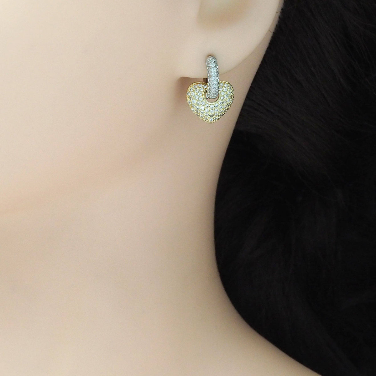 CZ Gold Silver Dual Color Heart Earrings, Sku#LX423