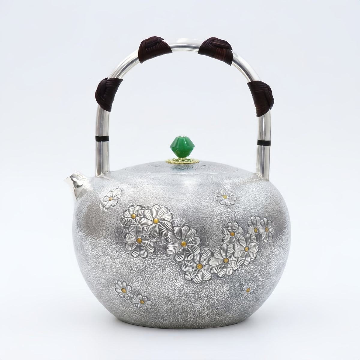 Pure 999 Fine Silver Handcrafted Sterling Silver Teapot with Floral Reliefs and Green Gemstone Knob - Handicraft