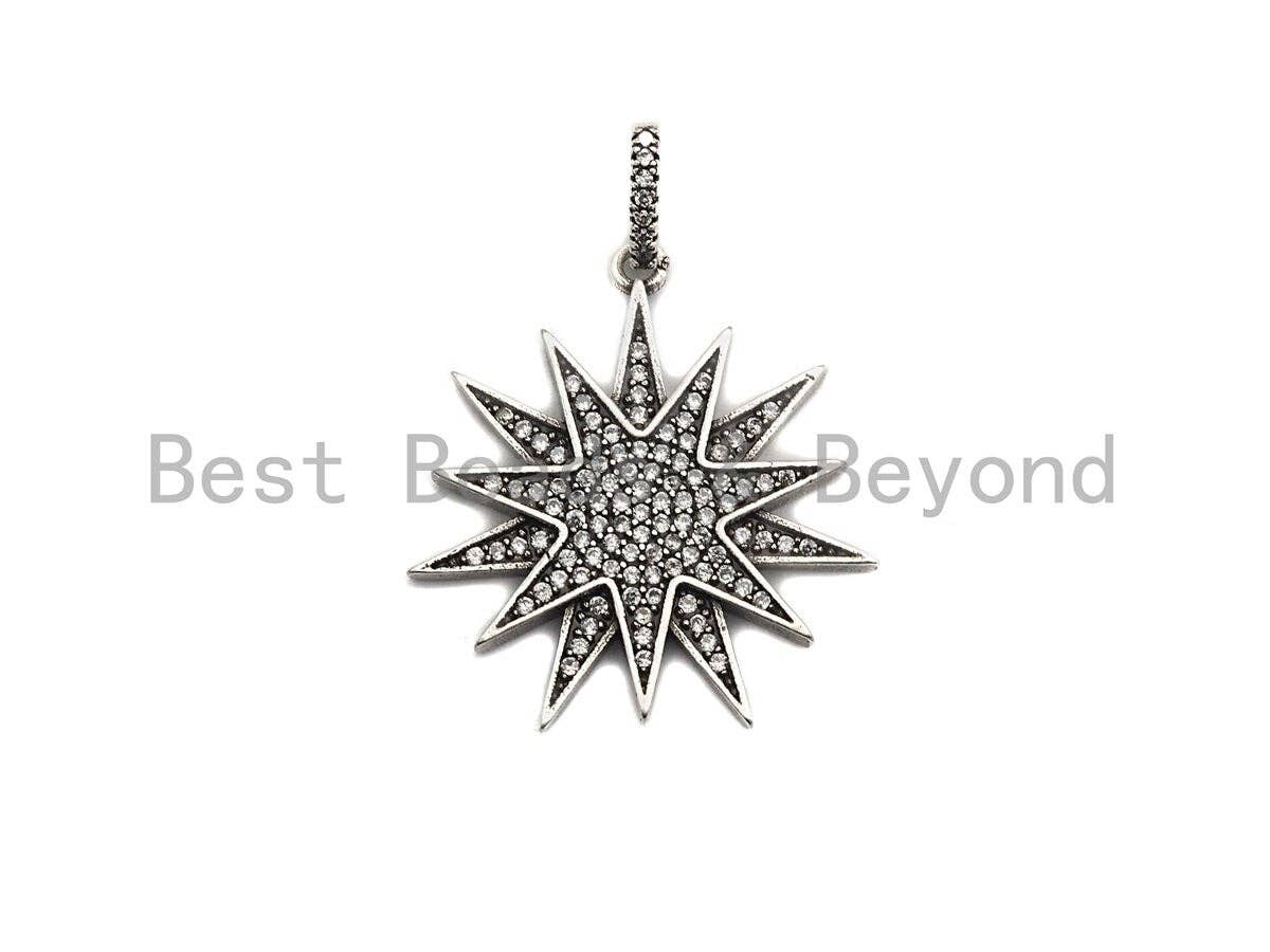 CZ Micro Pave North Star Pendant, Antique Silver Tone,  27x29mm,sku#F997C