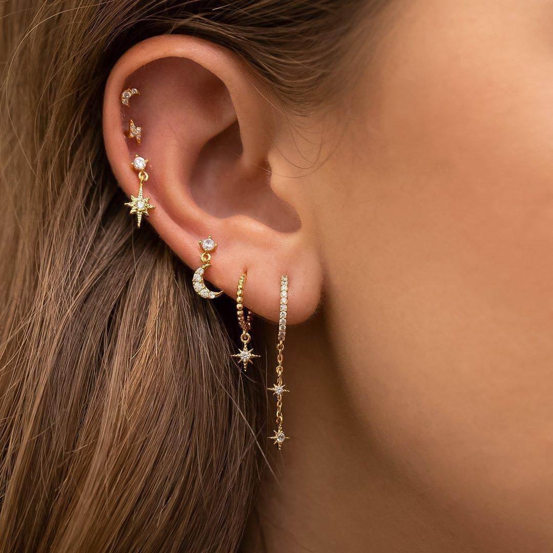 Stacking 5 Pieces Sun & Moon Romance Earring Set, 18k Gold Hoop Stud Drop, S925 Needle, Stacked Lobe Designs with Dazzling Zirconia