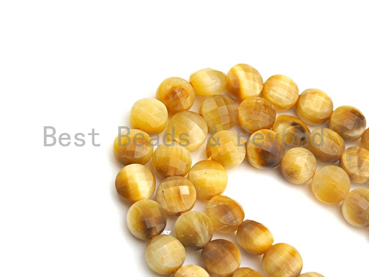 High Quality Gold Tiger Eye Checkerboard Cut Coin Shape beads, 6mm/8mm/10mm Turtle Shell Cut Tiger Eye Beads, 16" Full strand, Sku#U692