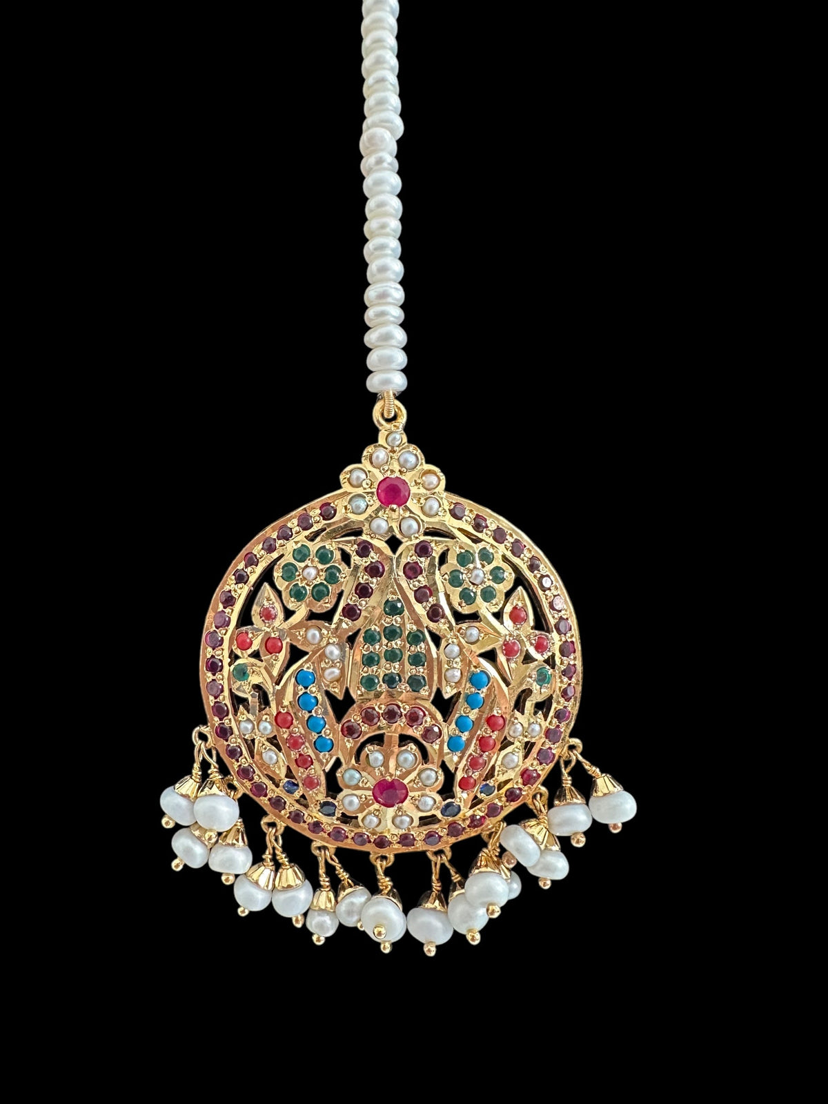 Navratan tika in silver with fresh water pearls - gold plated ( SHIPS INN5 WEEKS )