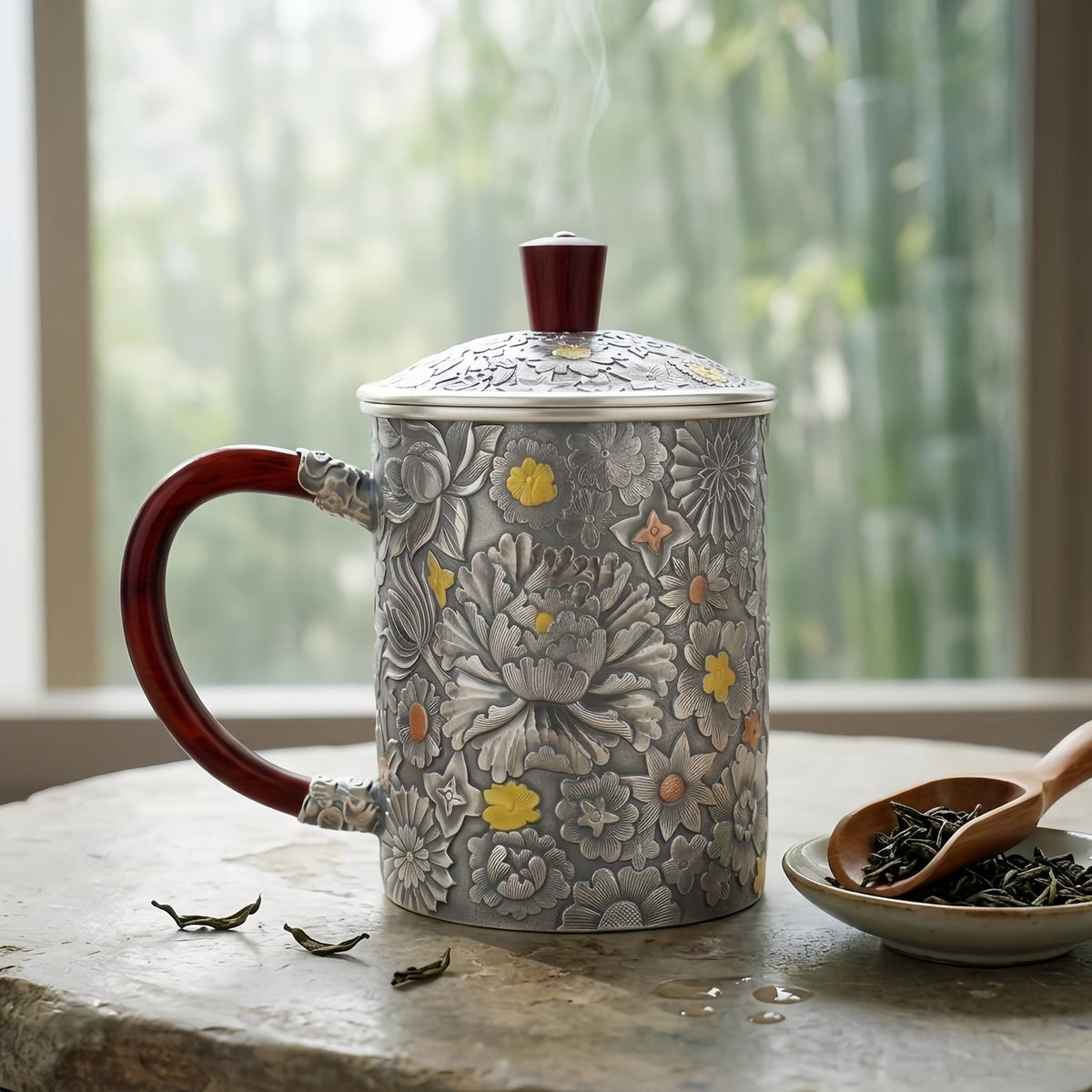 Pure 999 Fine Silver Handcrafted Floral Embossed Silver Tea Mug with Elegant Wood Accents - Handicraft