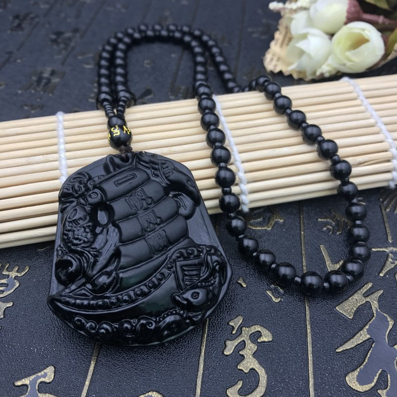Men's Obsidian Pi Avalokitesvara Buddha Smooth Glass Necklaces