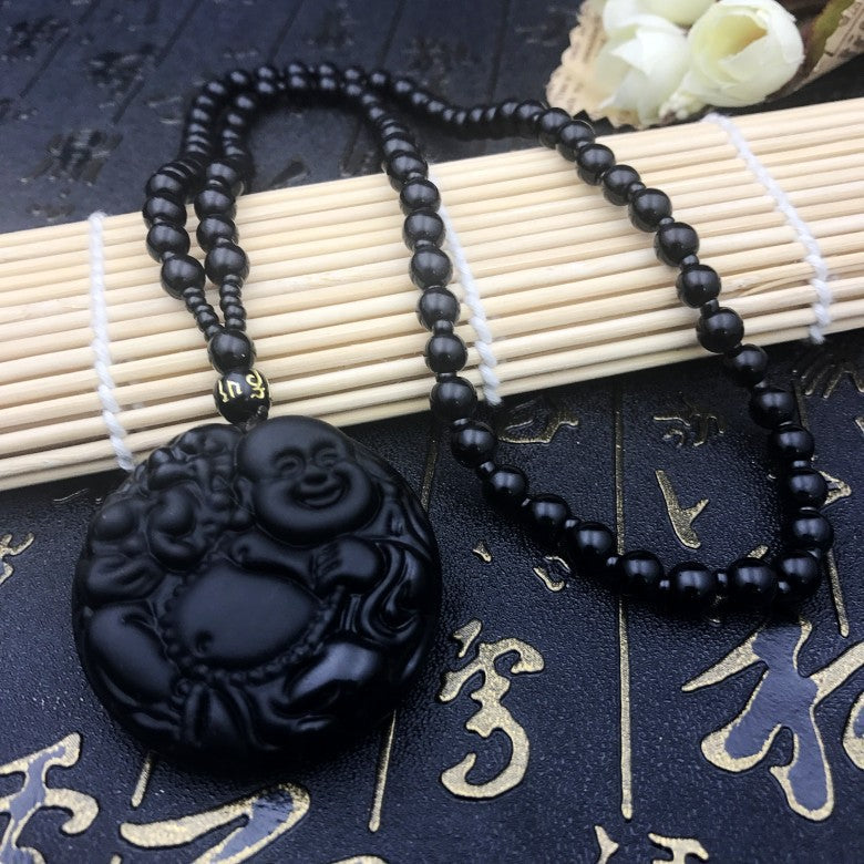 Men's Obsidian Pi Avalokitesvara Buddha Smooth Glass Necklaces