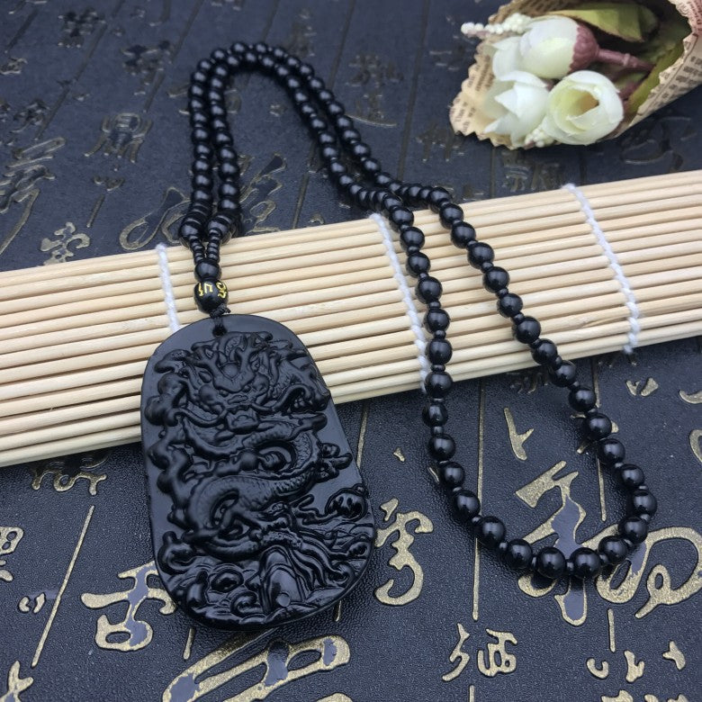 Men's Obsidian Pi Avalokitesvara Buddha Smooth Glass Necklaces