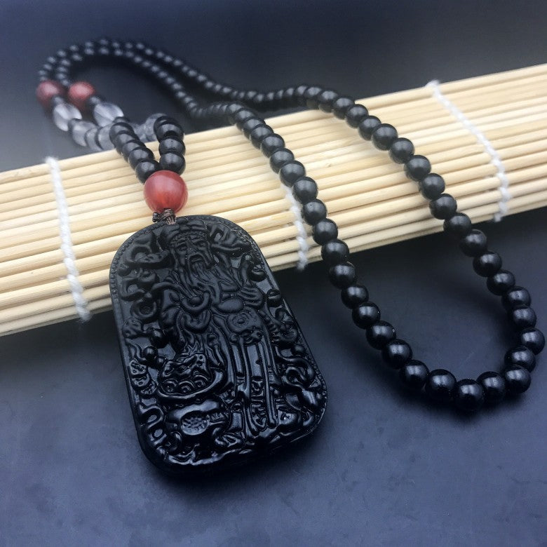 Men's Obsidian Pi Avalokitesvara Buddha Smooth Glass Necklaces