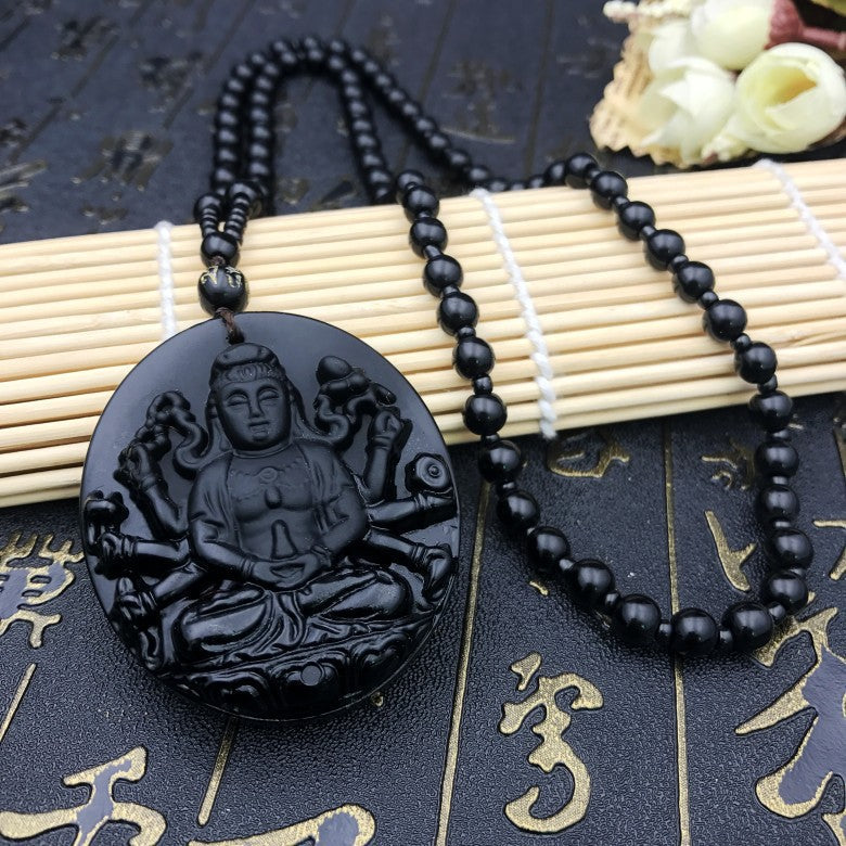 Men's Obsidian Pi Avalokitesvara Buddha Smooth Glass Necklaces