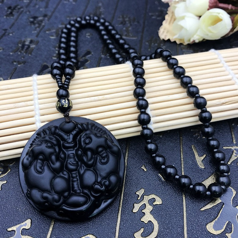 Men's Obsidian Pi Avalokitesvara Buddha Smooth Glass Necklaces