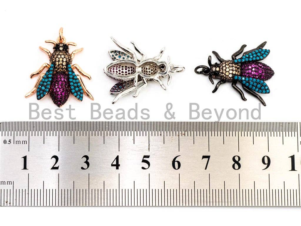 SAWFLY Inspired Charm, CZ Micro Pave Multi Color Insect Pendant, Cubic Zirconia Bug Charm,Gold/Rose Gold/Silver/Black,23x25mm,SKU#F442