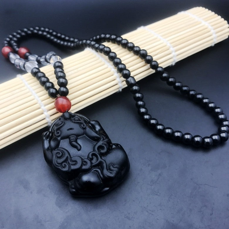 Men's Obsidian Pi Avalokitesvara Buddha Smooth Glass Necklaces