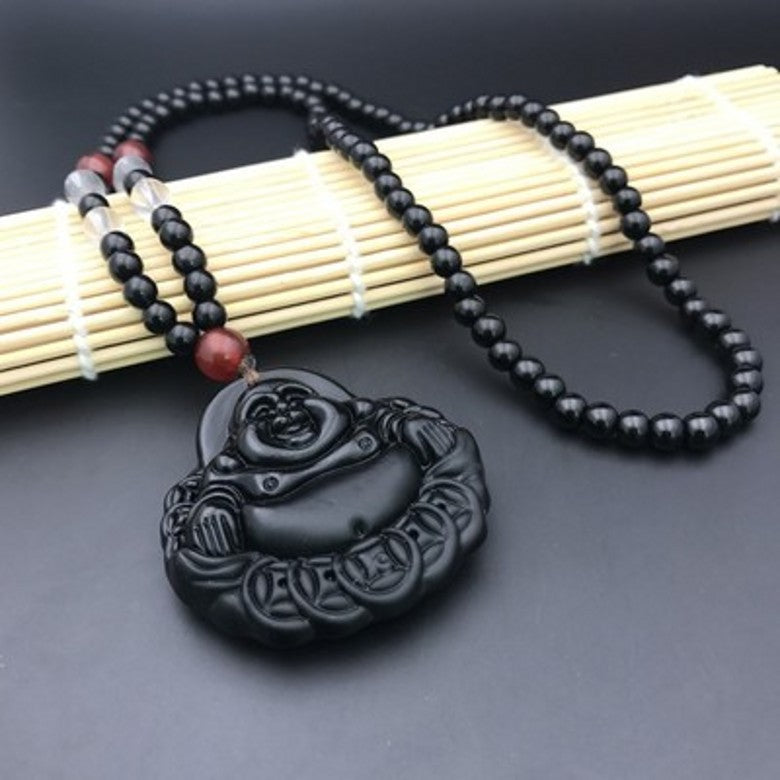 Men's Obsidian Pi Avalokitesvara Buddha Smooth Glass Necklaces