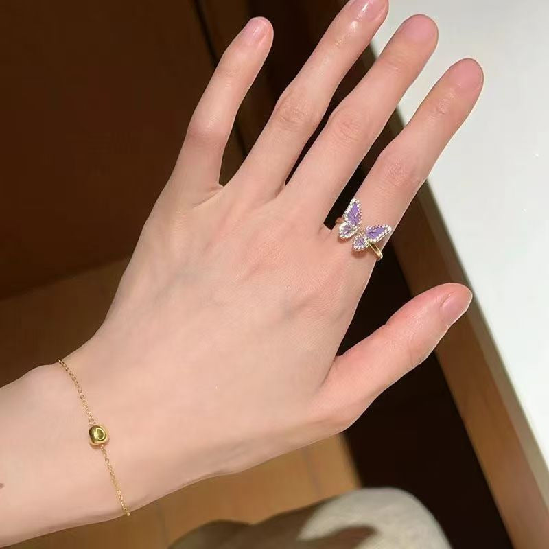 Dreamy Purple Butterfly Open Ring, Sparkling Zircon Dainty Band, Cute Fairy Style Adjustable Ring For Women
