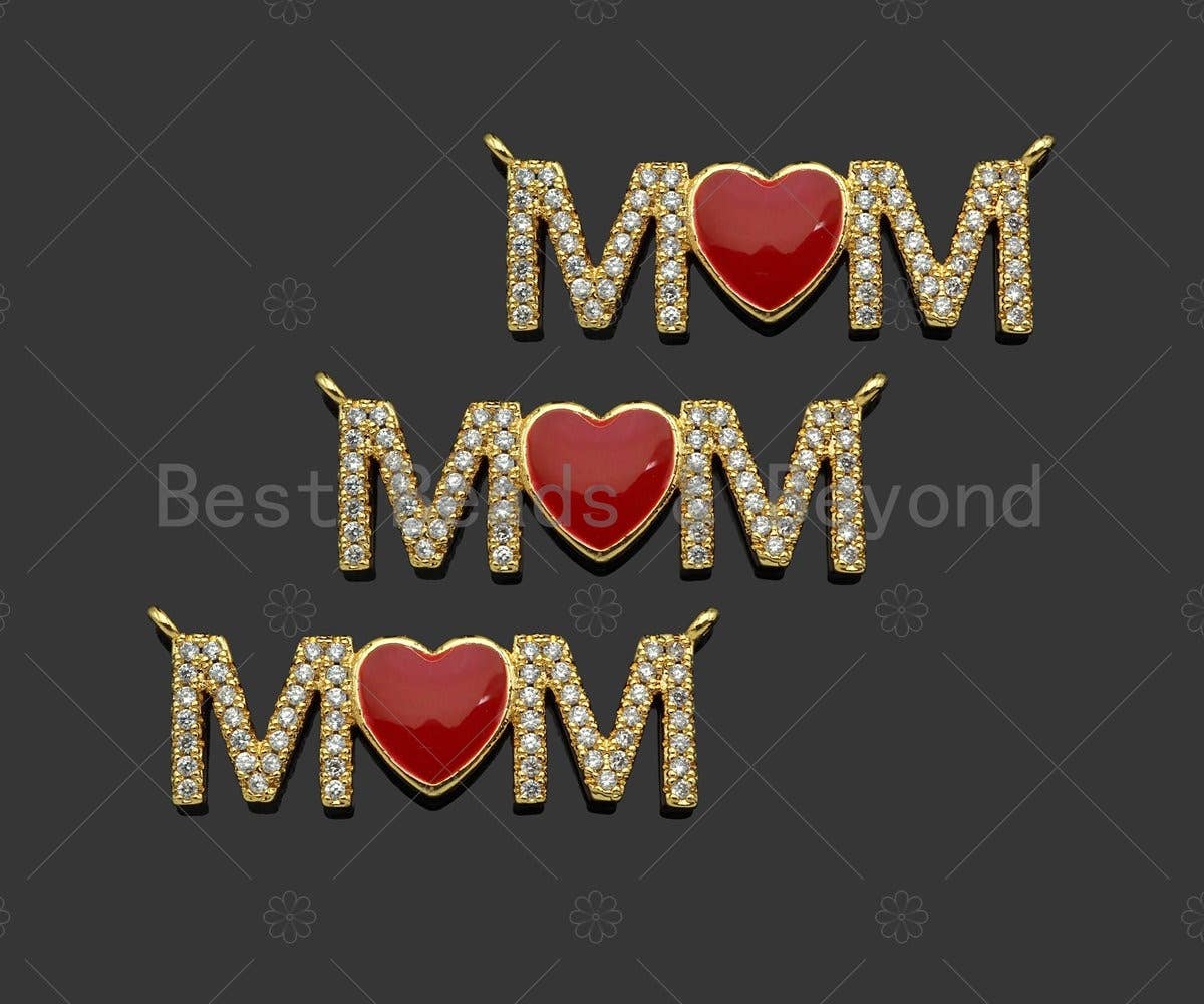 Gold Filled Red Enamel Heart CZ Micro Pave MOM Shape Pendant, 18K Gold Filled Charm, Mother's day, Necklace Pendant,11x32mm,Sku#LD125