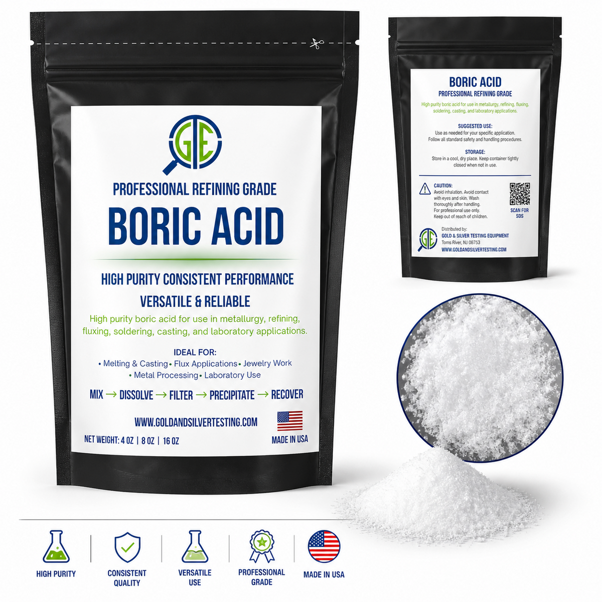 Boric Acid 8 oz 99% Pure Powder Flux Gold Silver E-Waste Metal Refining Melting