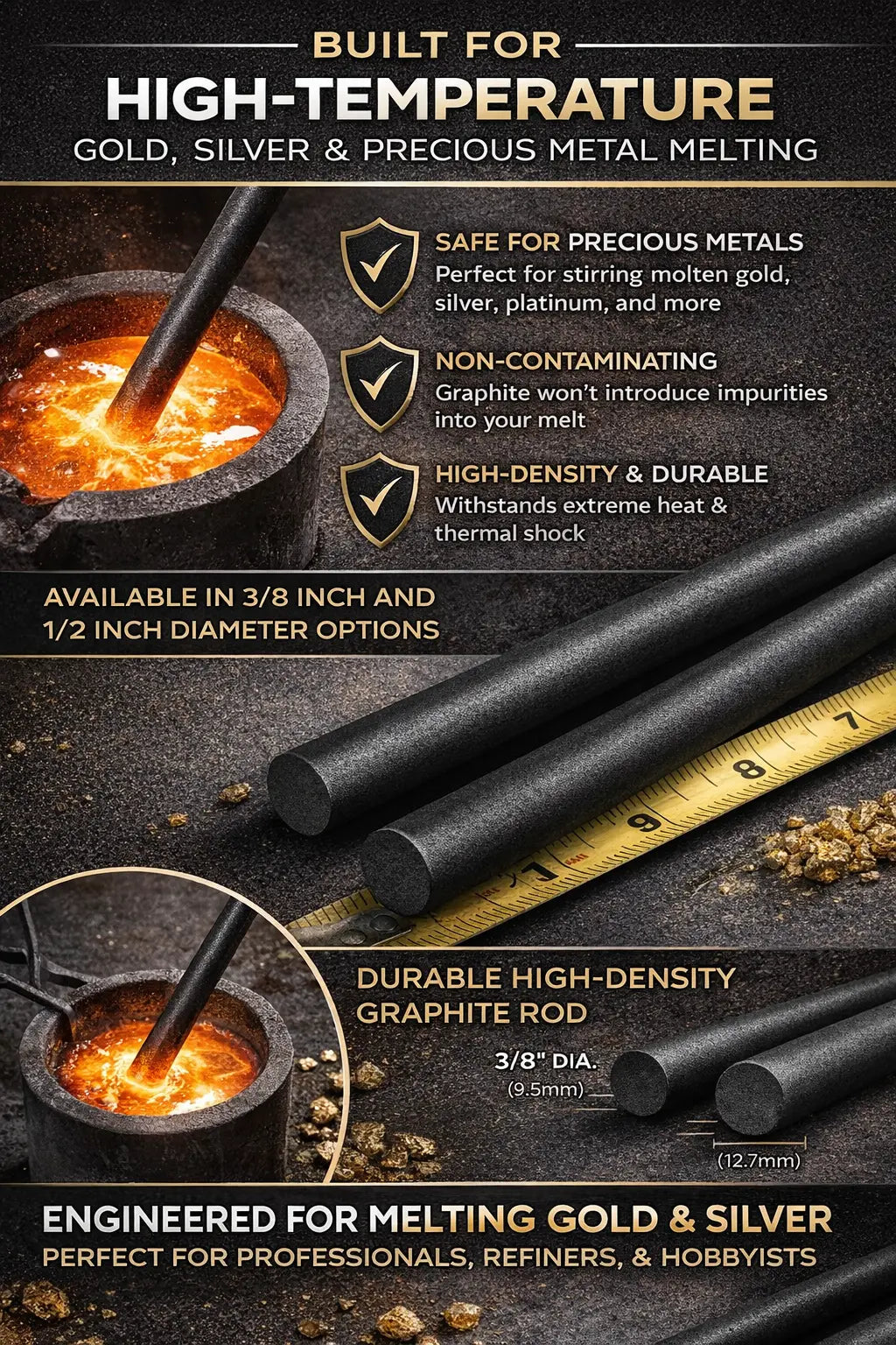 Gold Melting Kit Borax Flux + Small Ceramic Crucible + 3/8" Graphite Rod Tool