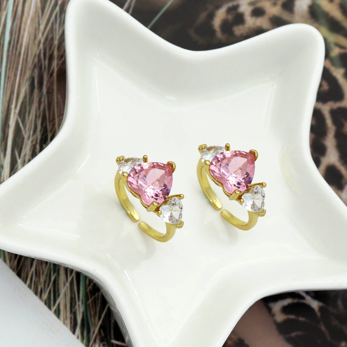Pink Clear Crystal Heart Ring, Sku#B213