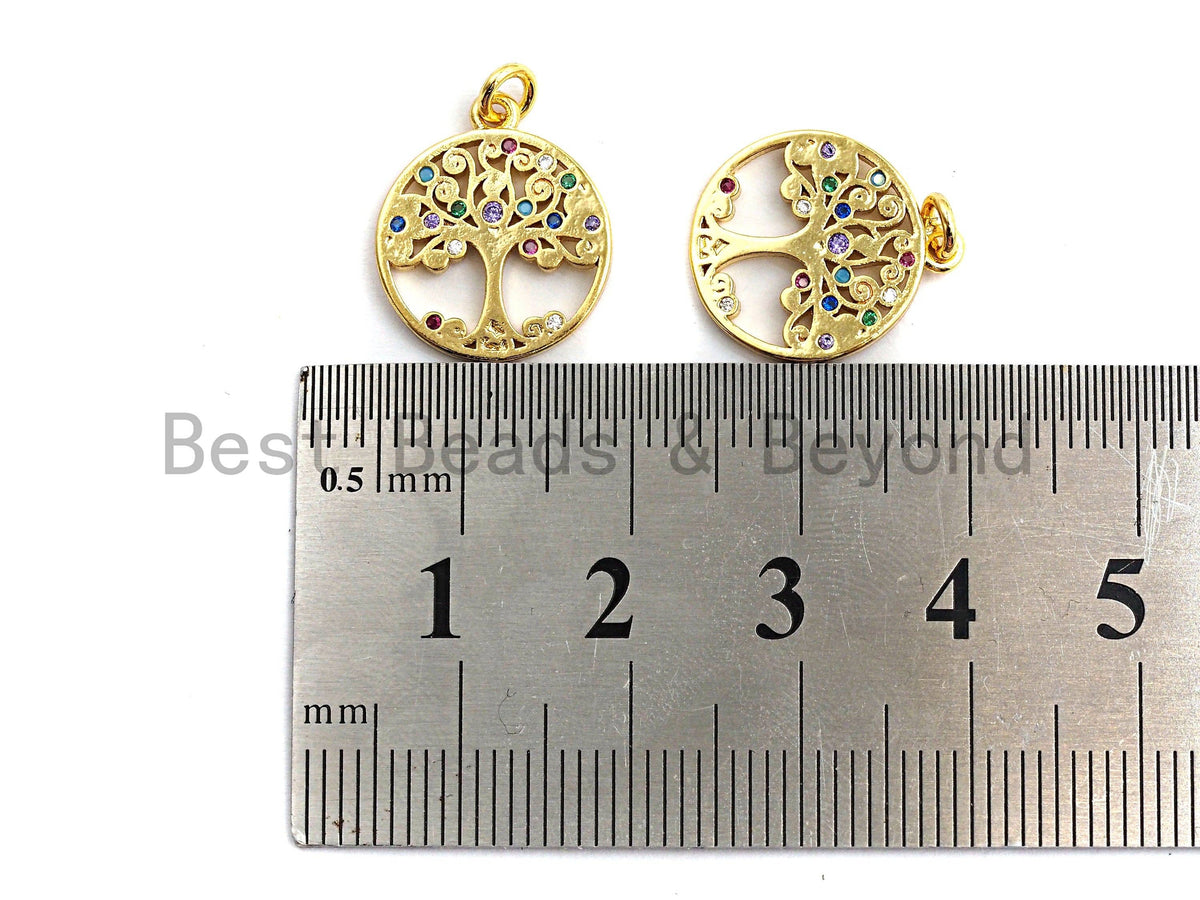 CZ Colorful Micro Pave Round With Tree Pendant, Tree Pave Pendant/Charm, Gold plated, 14x16mm, Sku#F759