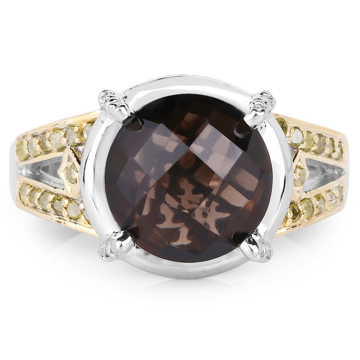 3.28 Carat Genuine Smoky Quartz, Yellow Diamond & White Diamond .925 Sterling Silver Ring