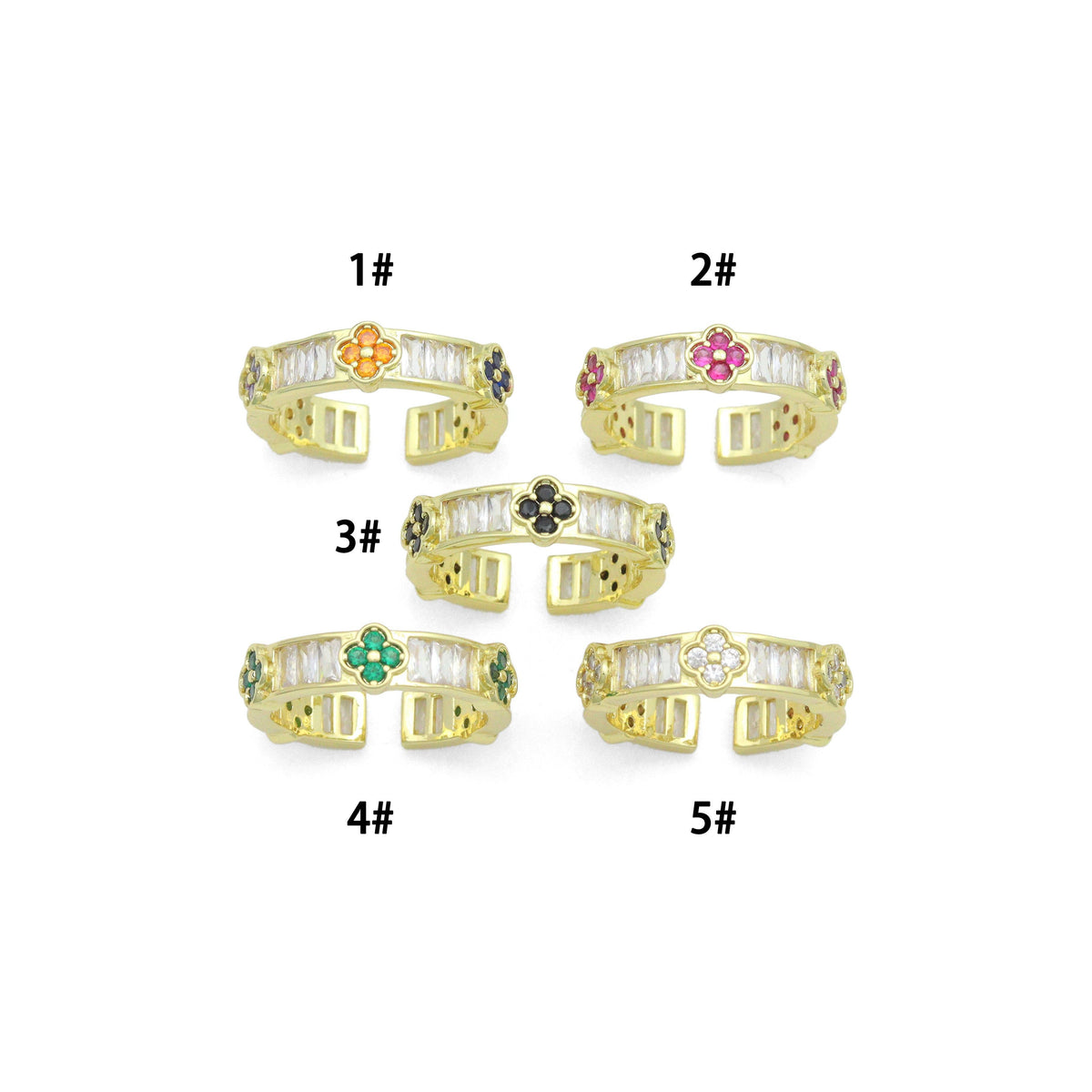 Baguette CZ Colorful Flower band Adjustable Ring, Sku#A491
