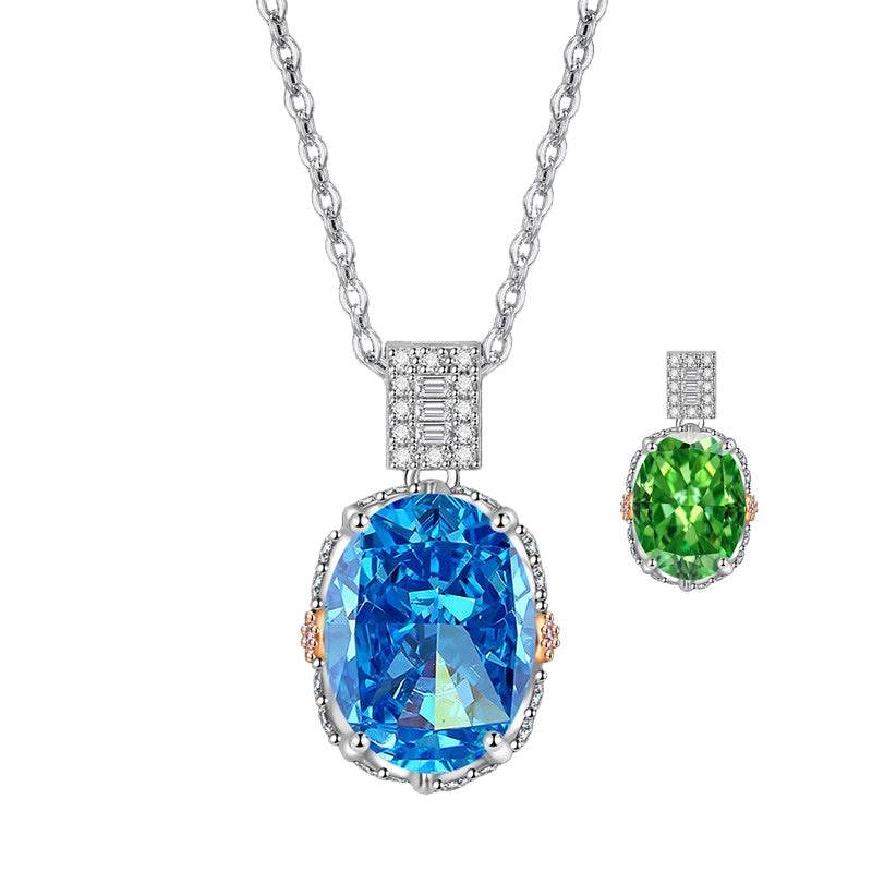 Multicolor Ice Flower Cut Oval CZ Pendant Necklace, Blue & Green 10*14mm 8A Cubic Zirconia, Two-Tone Pave CZ Halo with Pavé Top Frame