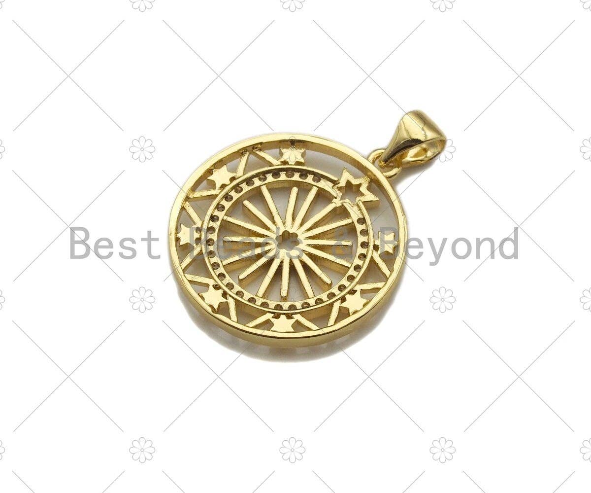 18k Shiny Gold Filigree Star Wheel Coin Charms, Sku#LK144