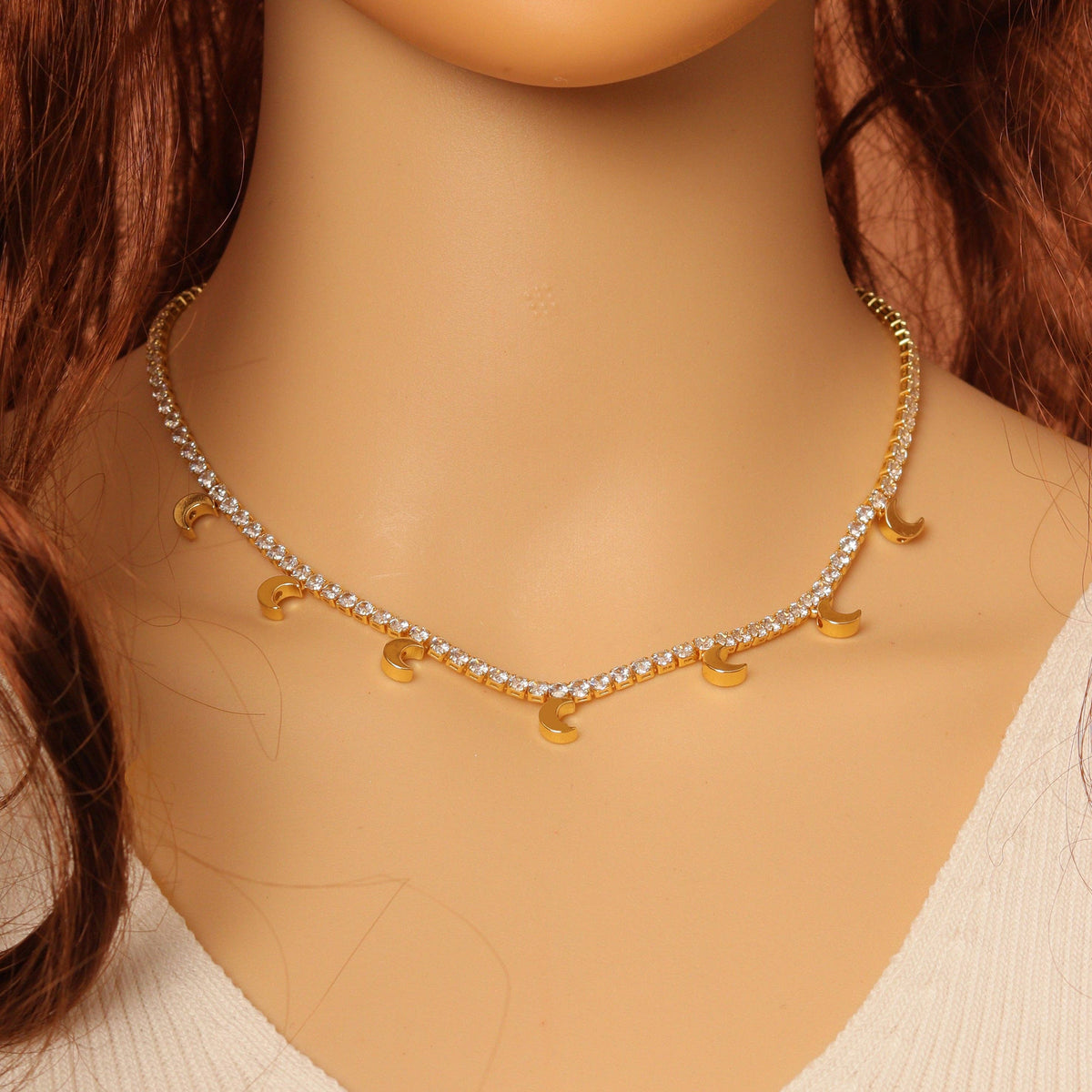 CZ Cresent Moon Tennis Chain Necklace,sku#LD378