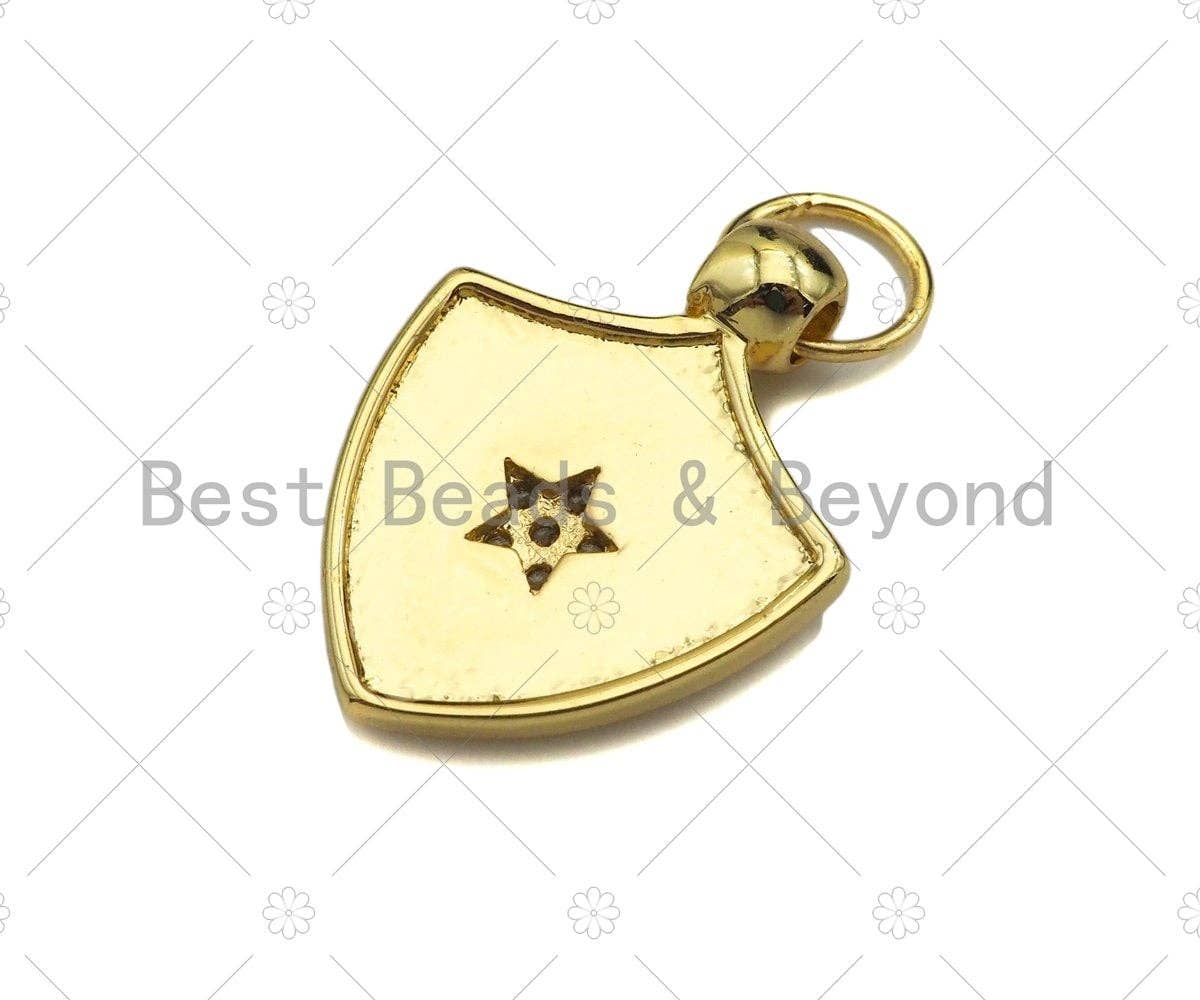 CZ Micro Pave Five Star Crown On Shield  Shape Pendant/Charm,Cubic Zirconia Charm, Shield Necklace Bracelet Charm Pendant,19x25mm, Sku#L473