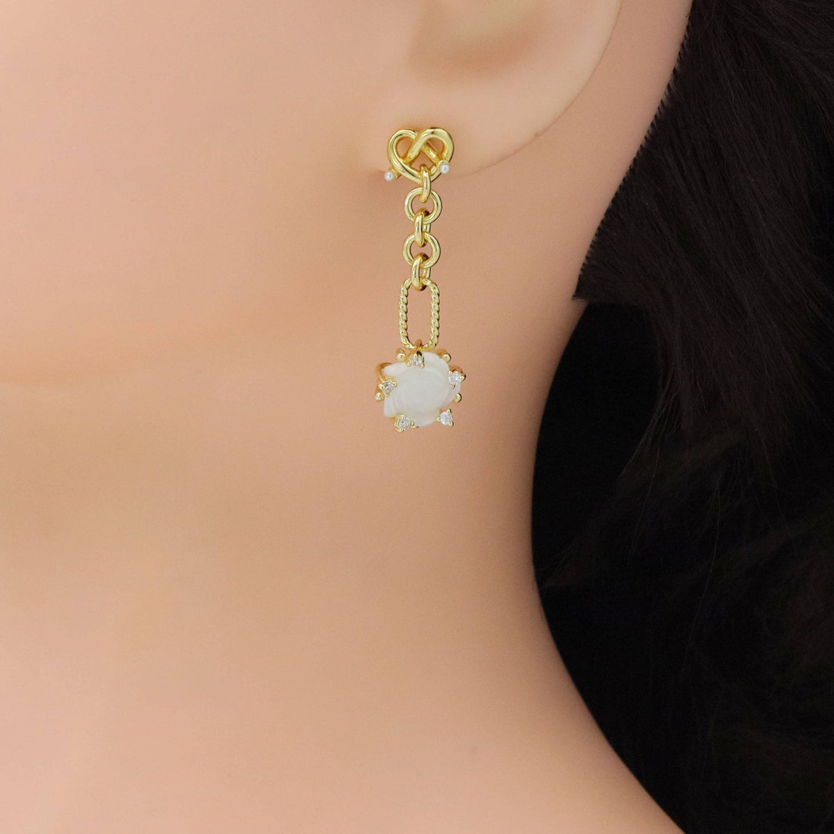 White Mother of Pearl Rose Flower Heart Gold Stud Earring, SKU#Y992