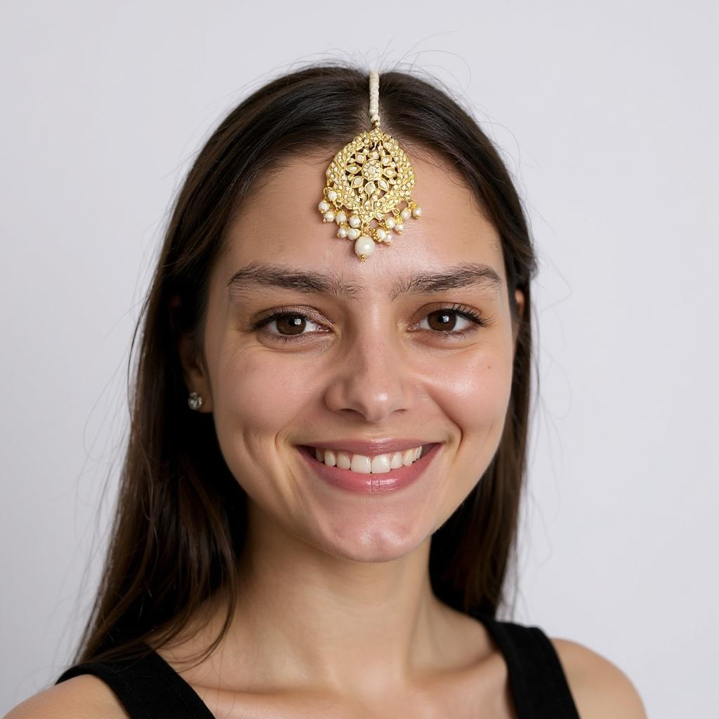DJET99 Megha jadau earrings tika set  in pearl ( READY TO SHIP )