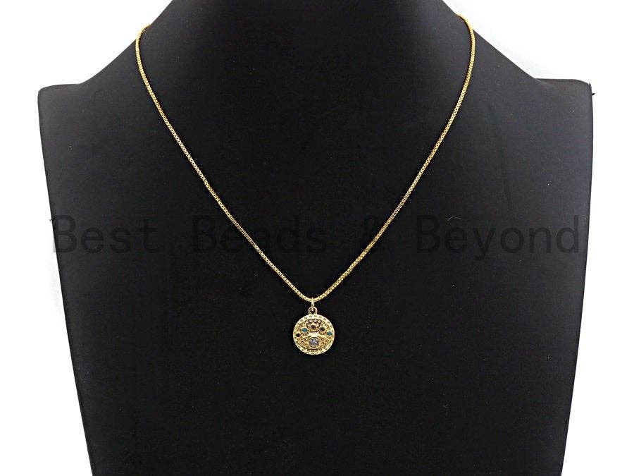 CZ Colorful Micro Pave Round  Gold With Evil Eye Coin Pendant, Coin Shaped Pave Pendant, Gold plated, 15x17mm, Sku#F866