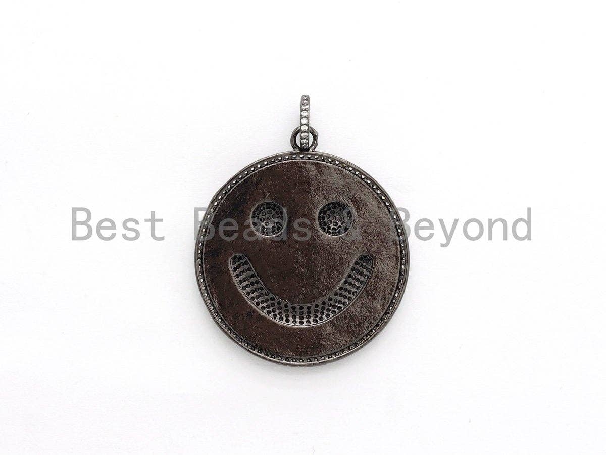38mm Black Enamel Oil Drop Smiley Face Round Pendant, Gold/Rose gold/Black/Silver, Cubic Zirconia Pave Pendant, Happy face charm, SKU#F612